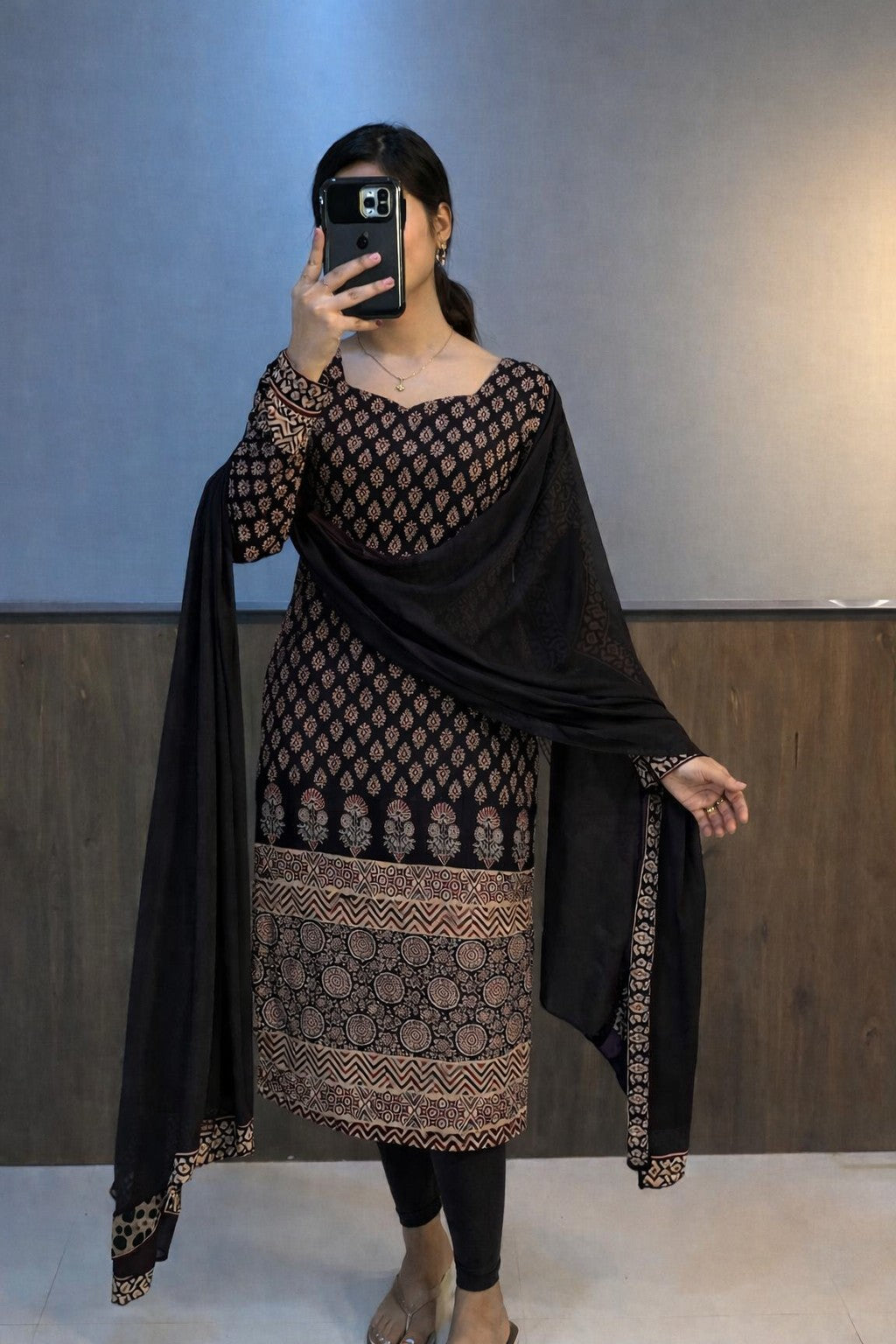 Classic Maroon and black Cotton Kurti Set | Printed Ethnic Wear with Dupatta