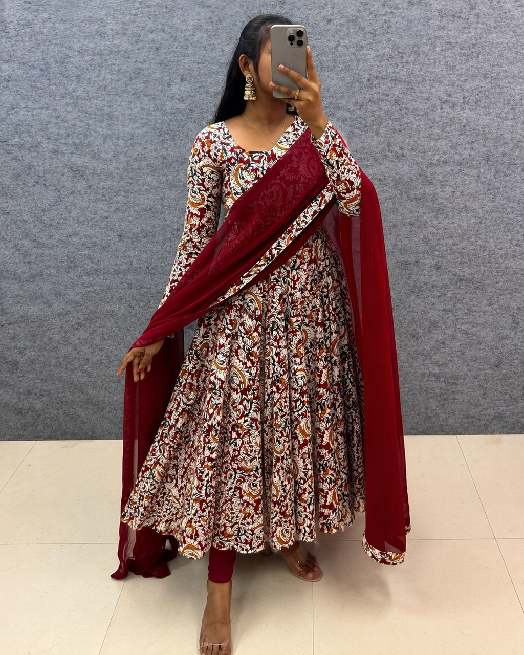 Maroon Kalamkari Anarkali Suit Set - Pure Cotton Kurti with Georgette Dupatta