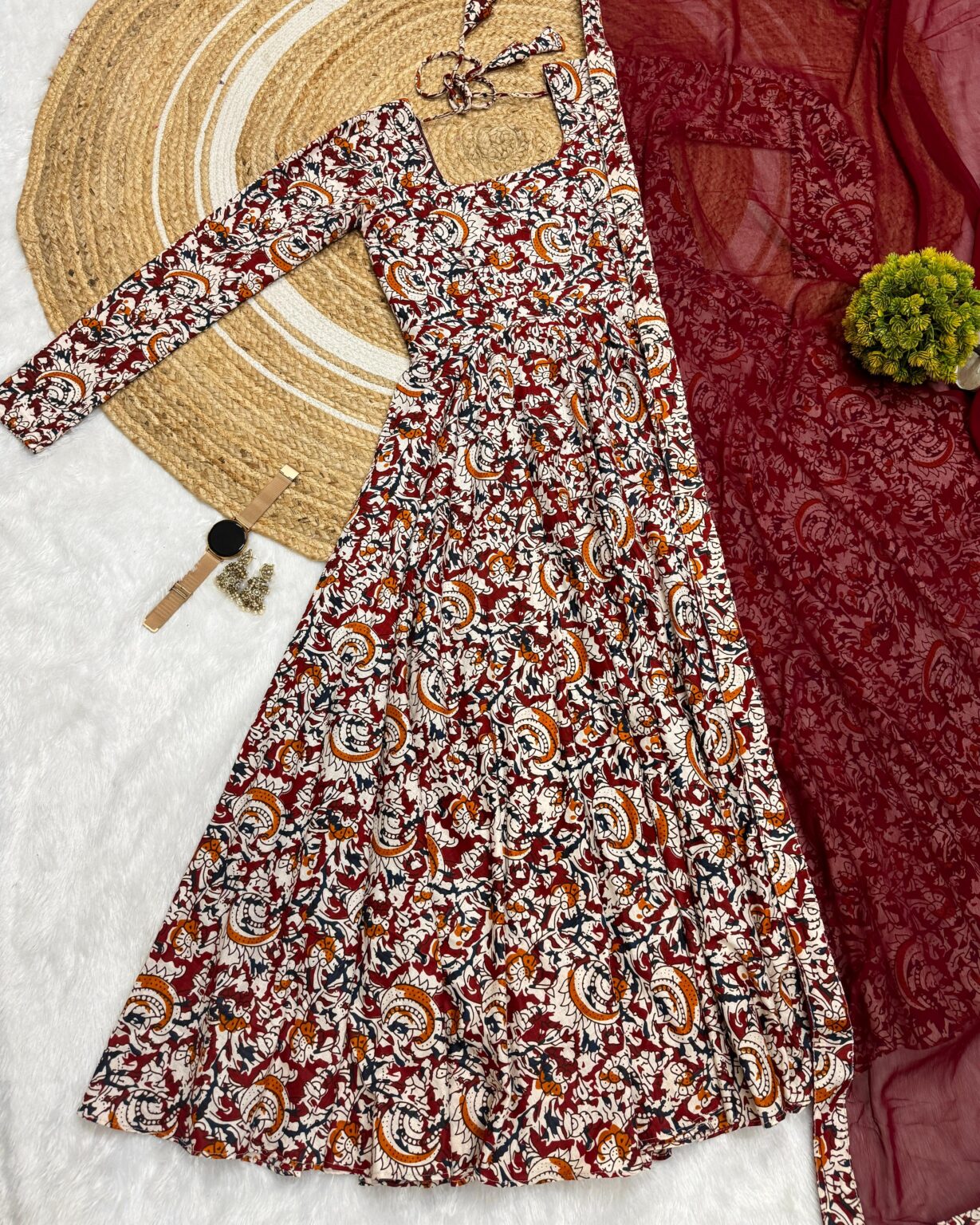 Maroon Kalamkari Anarkali Suit Set - Pure Cotton Kurti with Georgette Dupatta