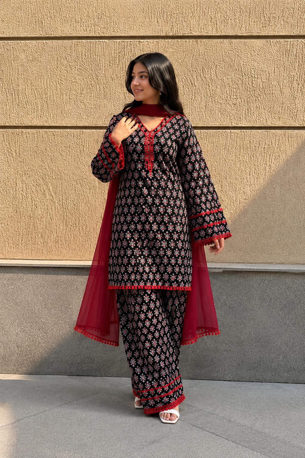 Women's Black Floral Printed Farshi Suit Set with Dupatta | Elegant Ethnic Kurta Palazzo Co-ord Set