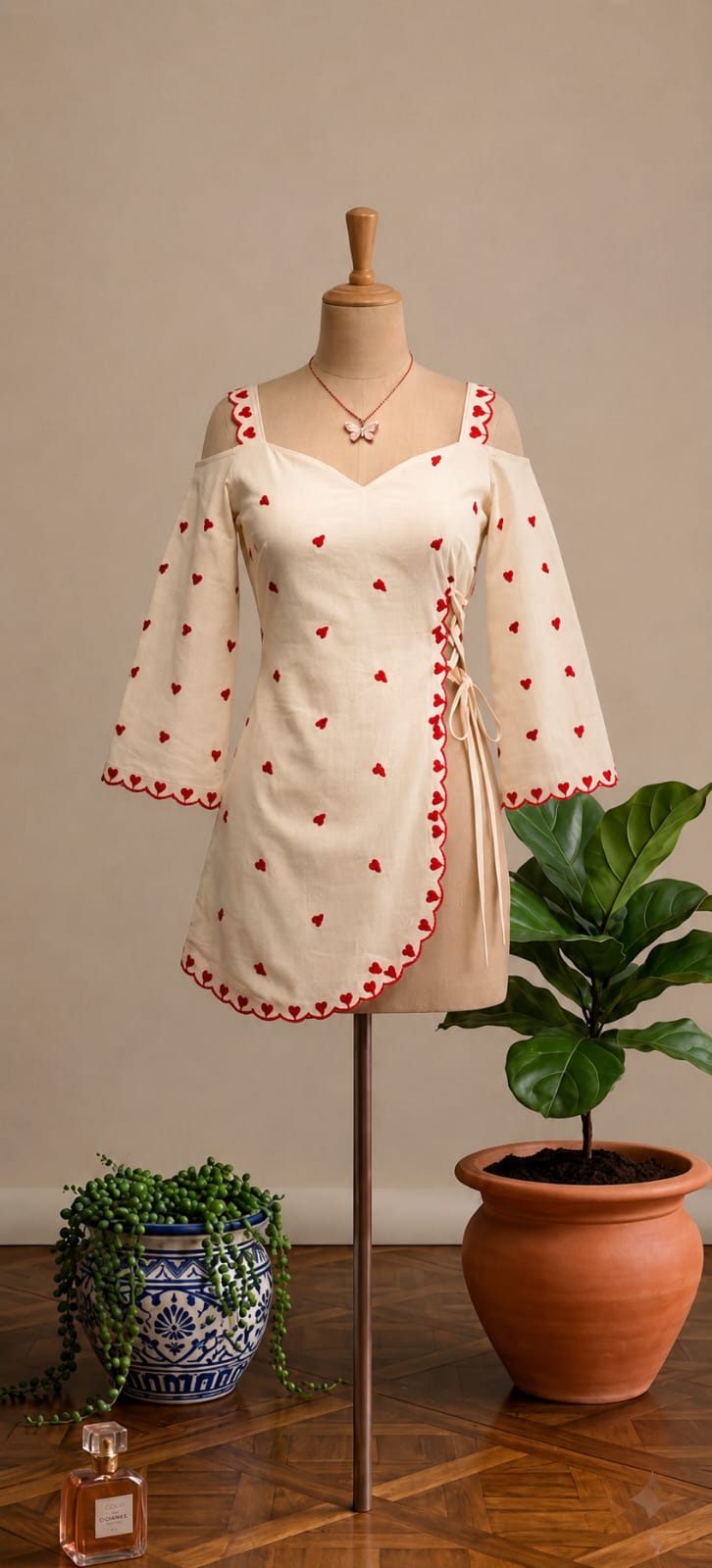 Romantic Heart Embroidery Cotton Wrap Dress - Off Shoulder A-Line Kurti for Women