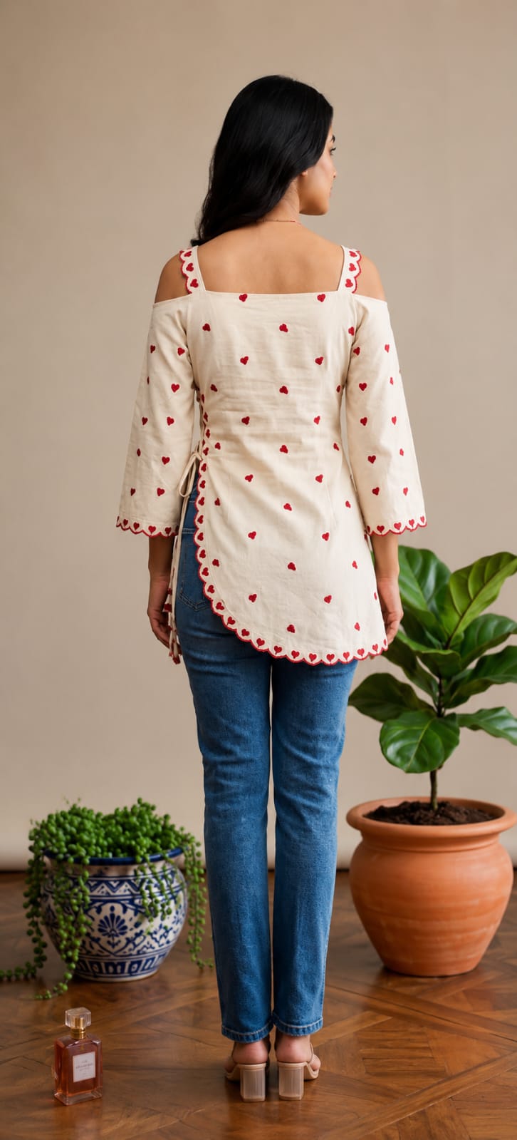 Romantic Heart Embroidery Cotton Wrap Dress - Off Shoulder A-Line Kurti for Women