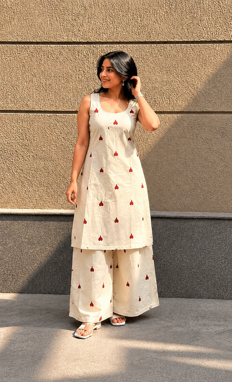 Pure Cotton Heart Print Co-Ord Kurta Set for Women | Sleeveless Kurti with Palazzo