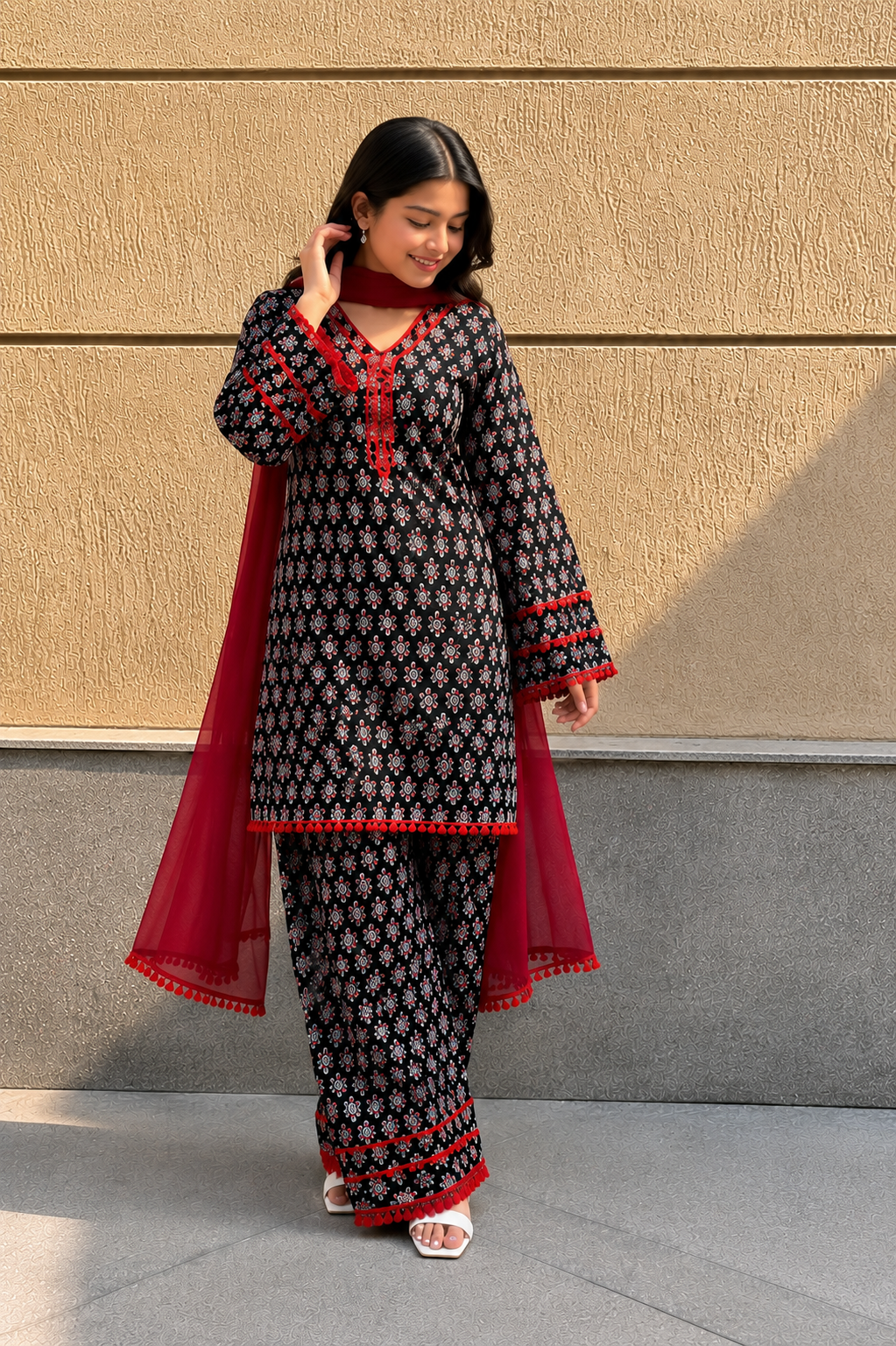 Women's Black Floral Printed Farshi Suit Set with Dupatta | Elegant Ethnic Kurta Palazzo Co-ord Set