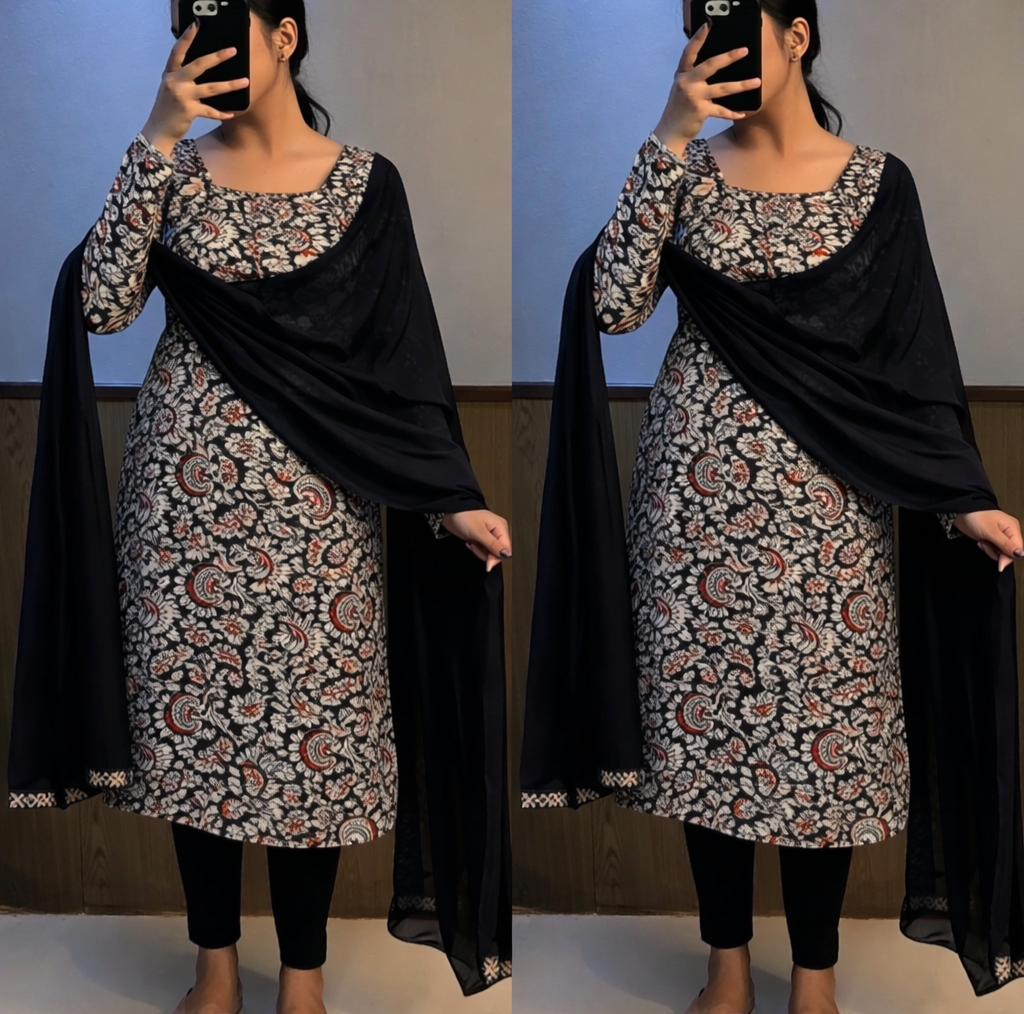 Classic Black kalamkri Cotton Kurti Set | Printed Ethnic Wear with Dupatta