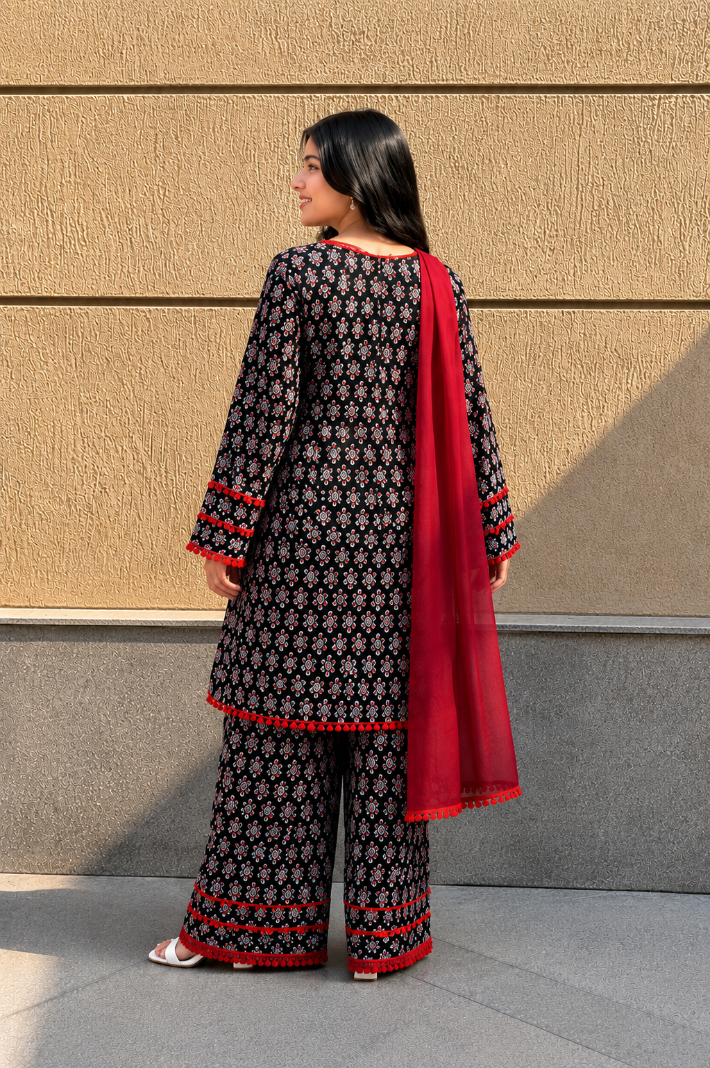 Women's Black Floral Printed Farshi Suit Set with Dupatta | Elegant Ethnic Kurta Palazzo Co-ord Set