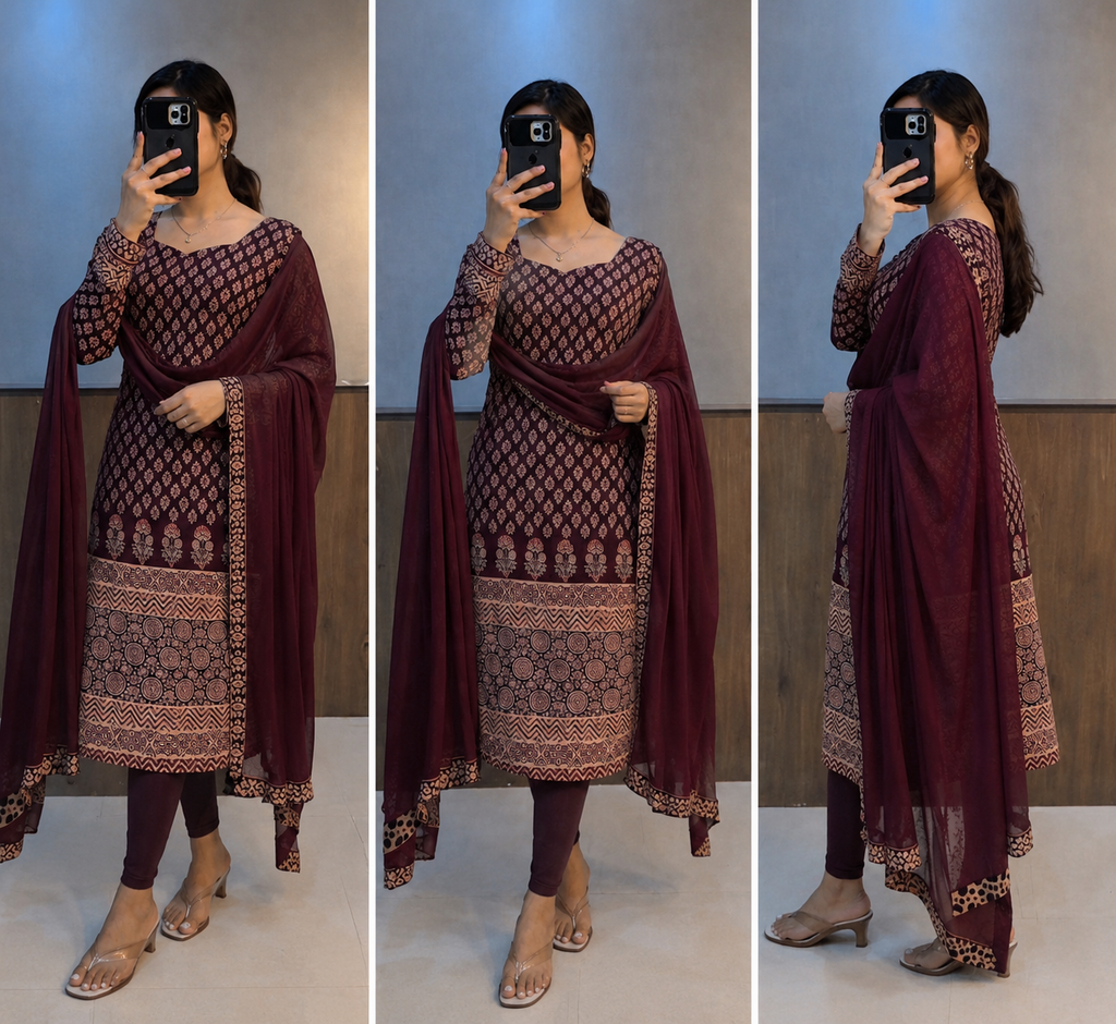 Classic Maroon and black Cotton Kurti Set | Printed Ethnic Wear with Dupatta