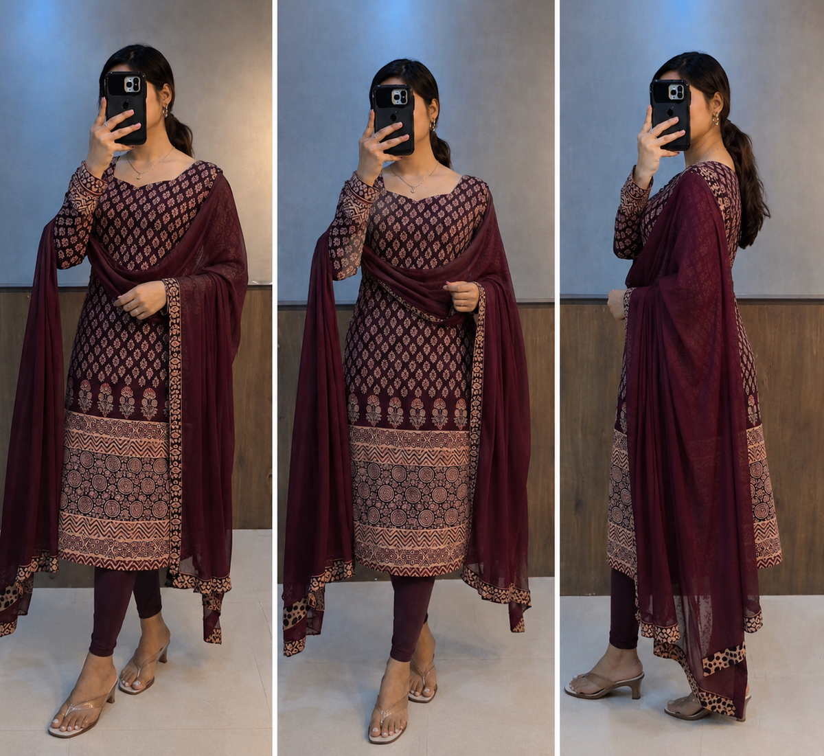 Classic Maroon and black Cotton Kurti Set | Printed Ethnic Wear with Dupatta