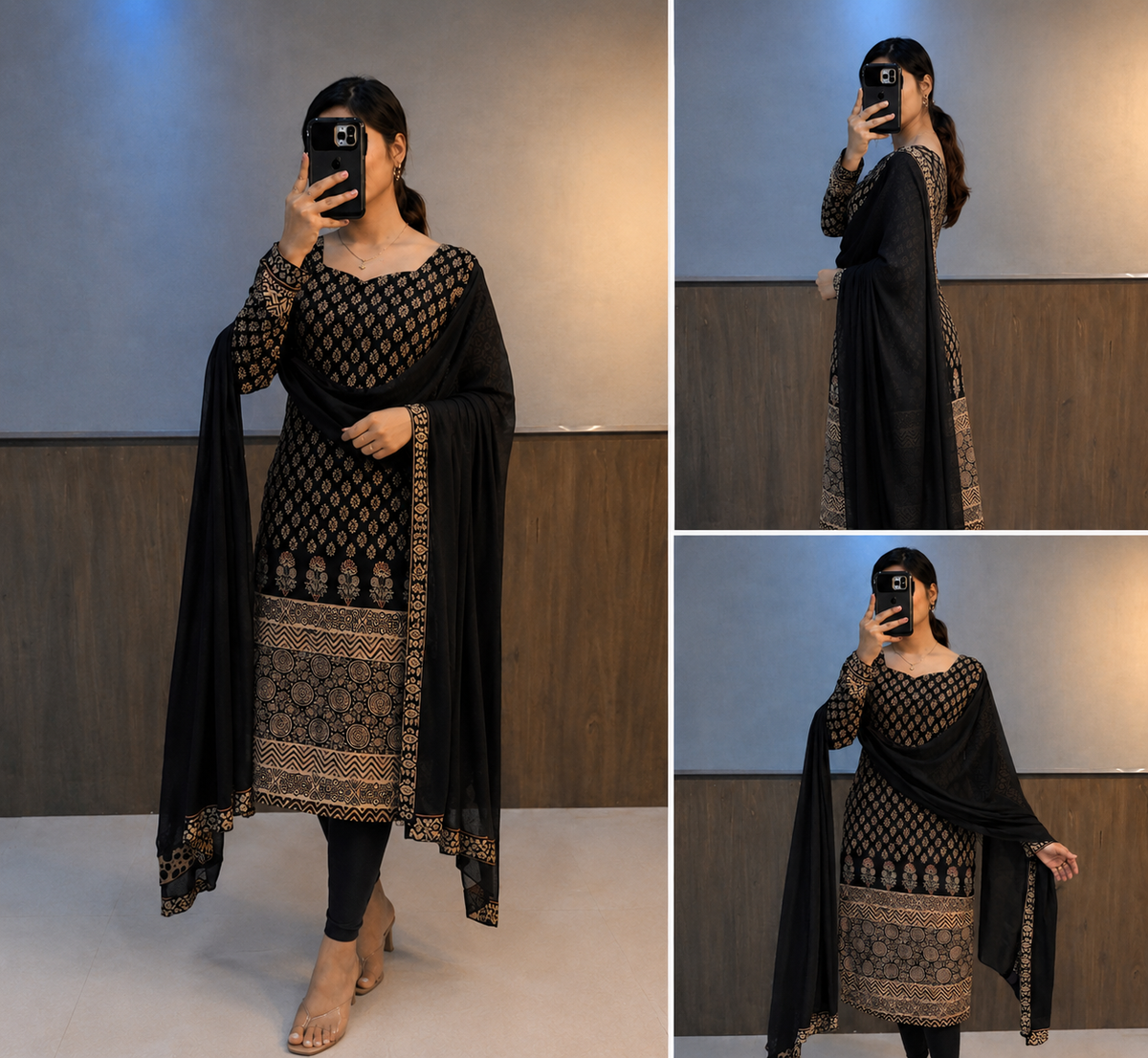 Elegant Black Printed Kurti Set with Matching Dupatta Black