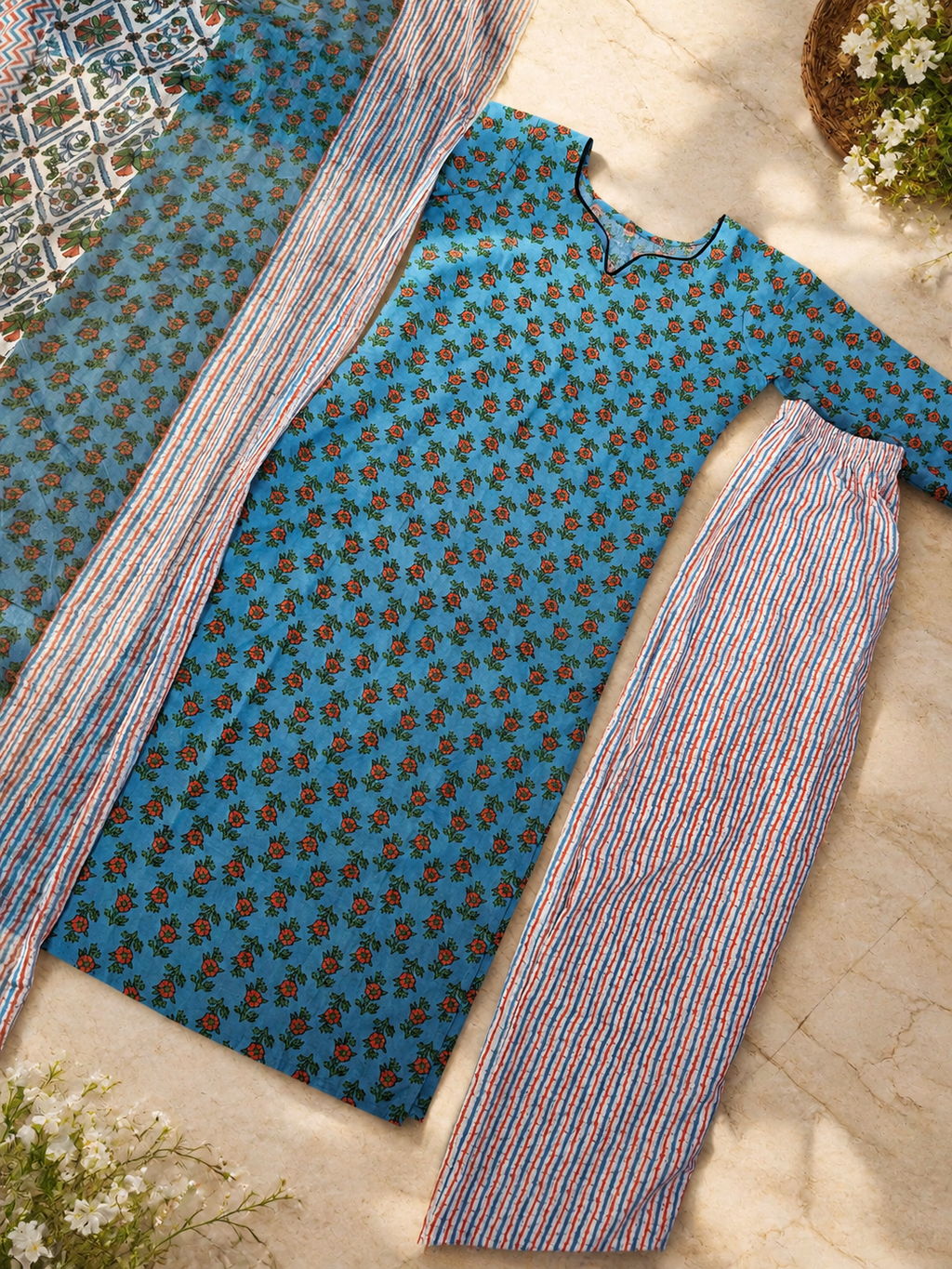 Sky Blue Floral Cotton Kurta Palazzo Set with Dupatta