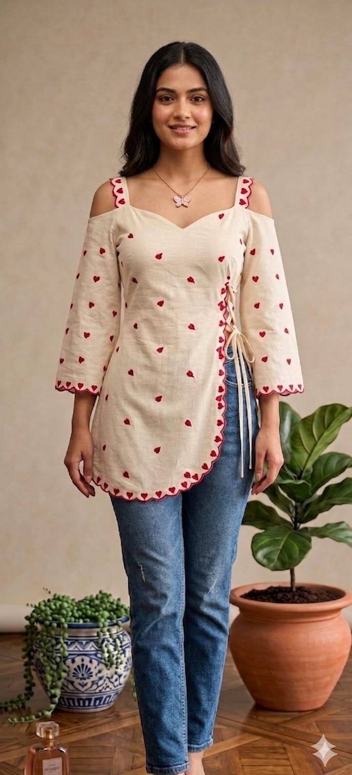 Romantic Heart Embroidery Cotton Wrap Dress - Off Shoulder A-Line Kurti for Women