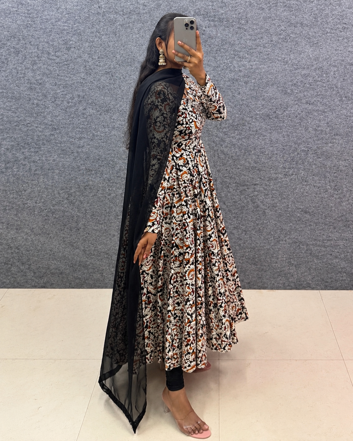 Black Kalamkari Anarkali Suit Set - Pure Cotton Kurti with Georgette Dupatta