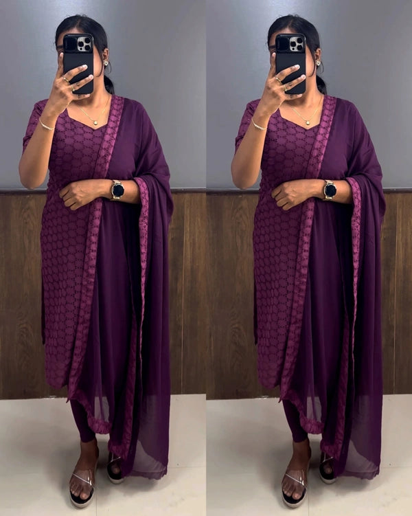 Elegant Purple Hakoba Cotton Kurti Set with Dupatta