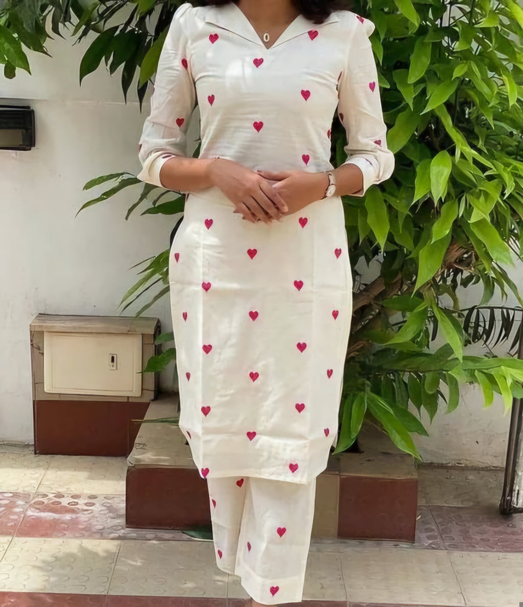 Kora Cotton Heart Print Kurti Set for Women - Straight Fit with Pants (Cream & Red)
