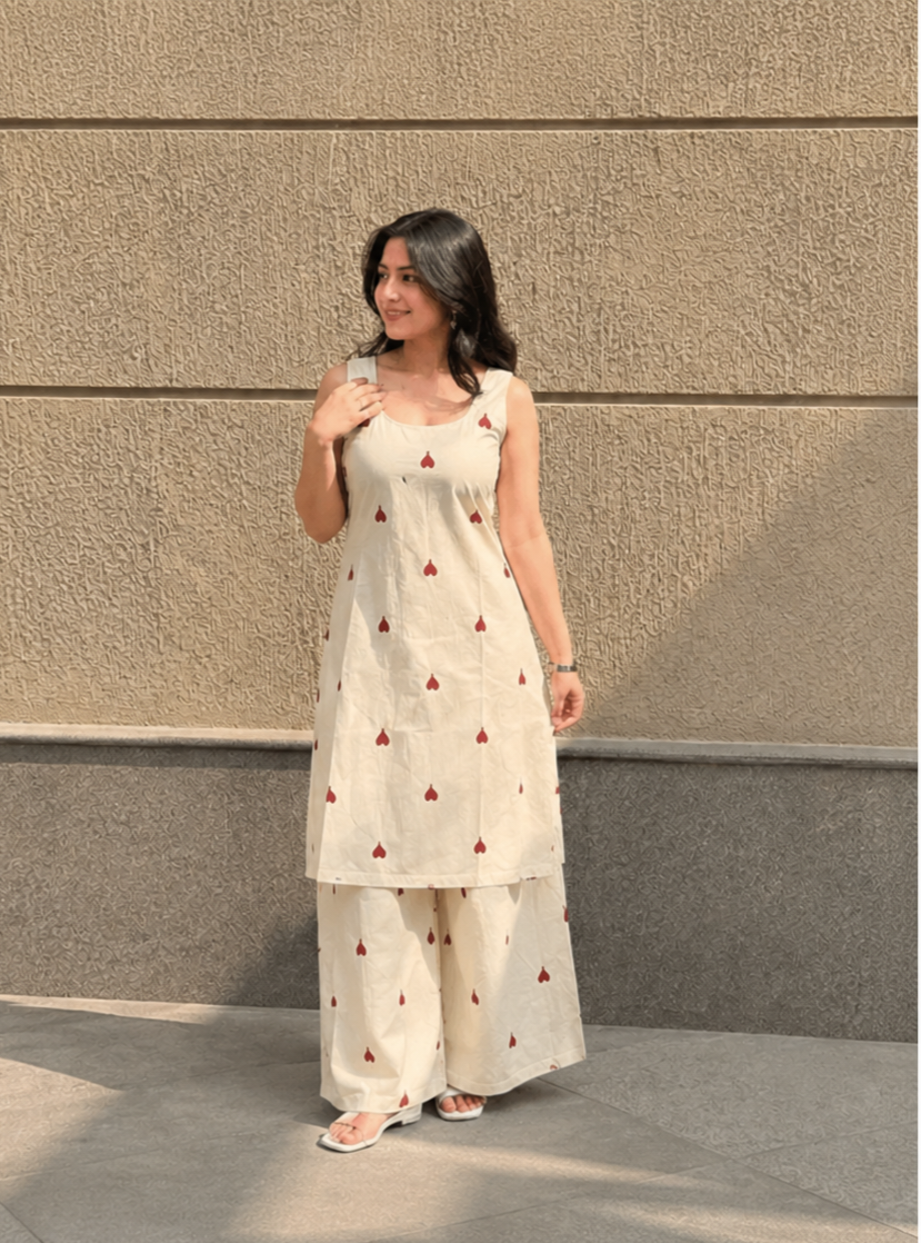 Pure Cotton Heart Print Co-Ord Kurta Set for Women | Sleeveless Kurti with Palazzo