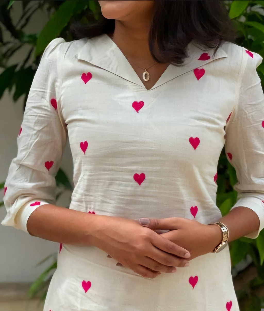 Kora Cotton Heart Print Kurti Set for Women - Straight Fit with Pants (Cream & Red)