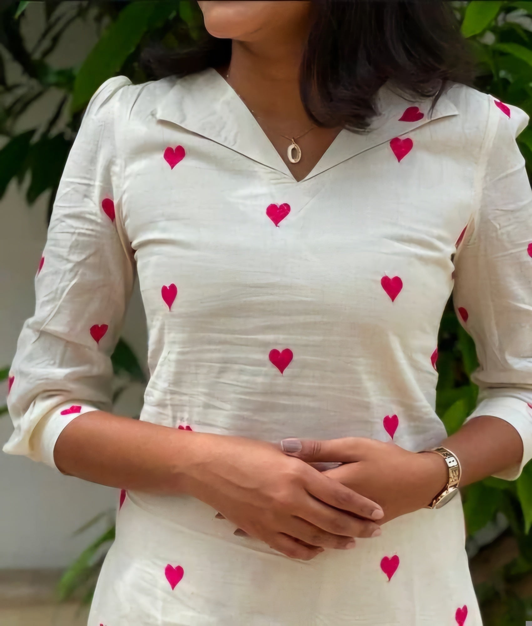 Kora Cotton Heart Print Kurti Set for Women - Straight Fit with Pants (Cream & Red)