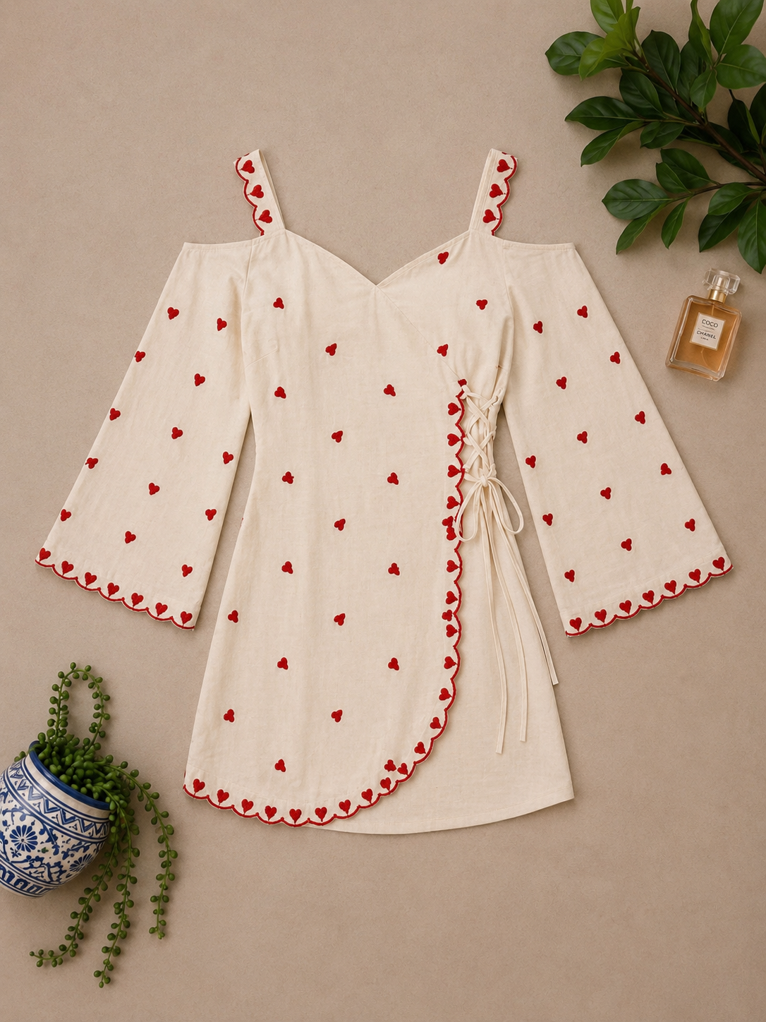 Romantic Heart Embroidery Cotton Wrap Dress - Off Shoulder A-Line Kurti for Women