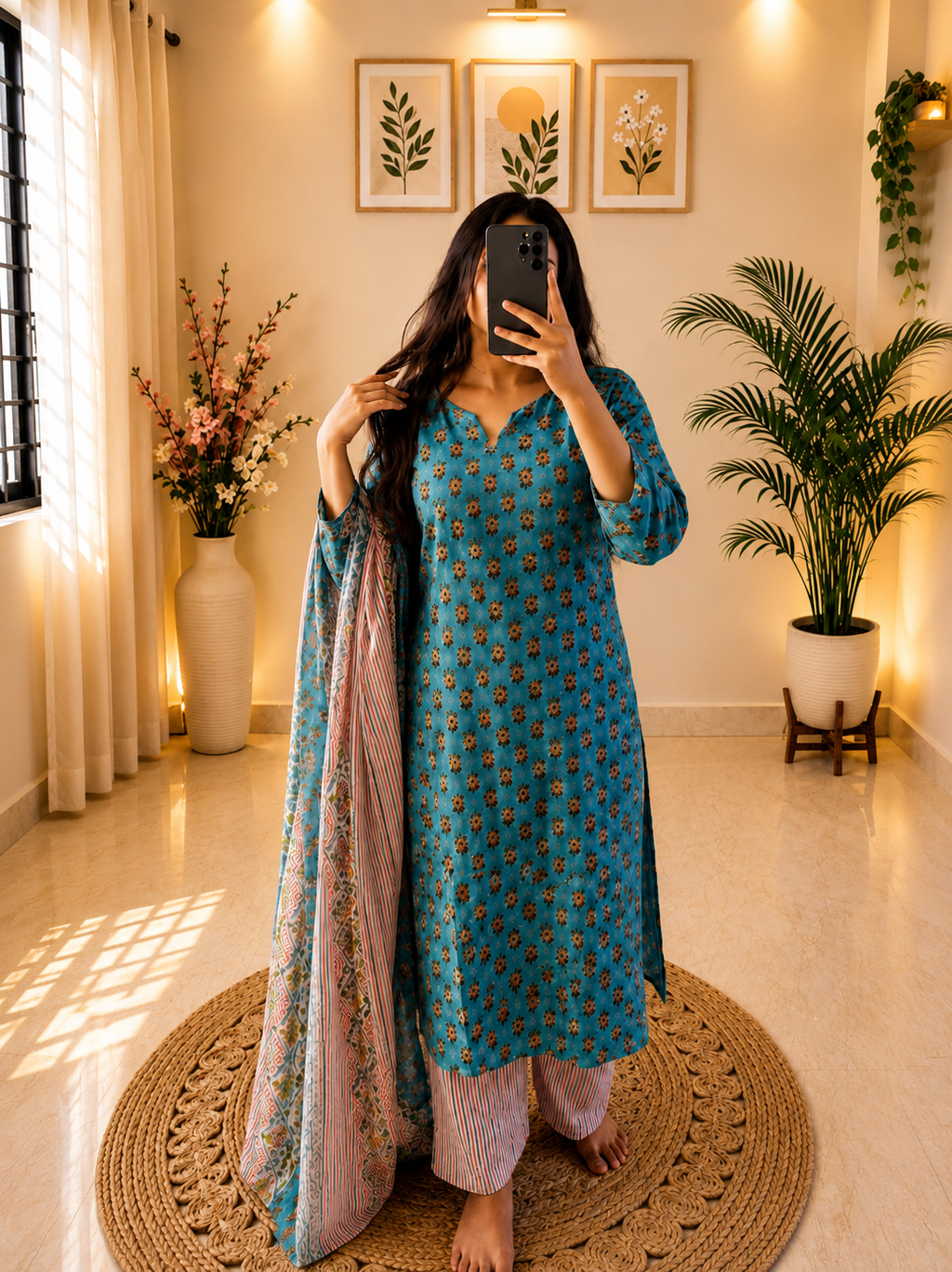 Sky Blue Floral Cotton Kurta Palazzo Set with Dupatta