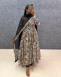 Black Kalamkari Anarkali Suit Set - Pure Cotton Kurti with Georgette Dupatta