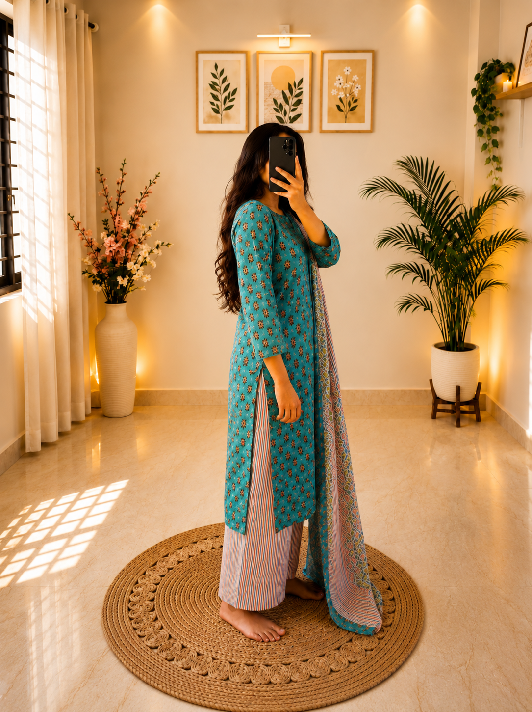 Sky Blue Floral Cotton Kurta Palazzo Set with Dupatta