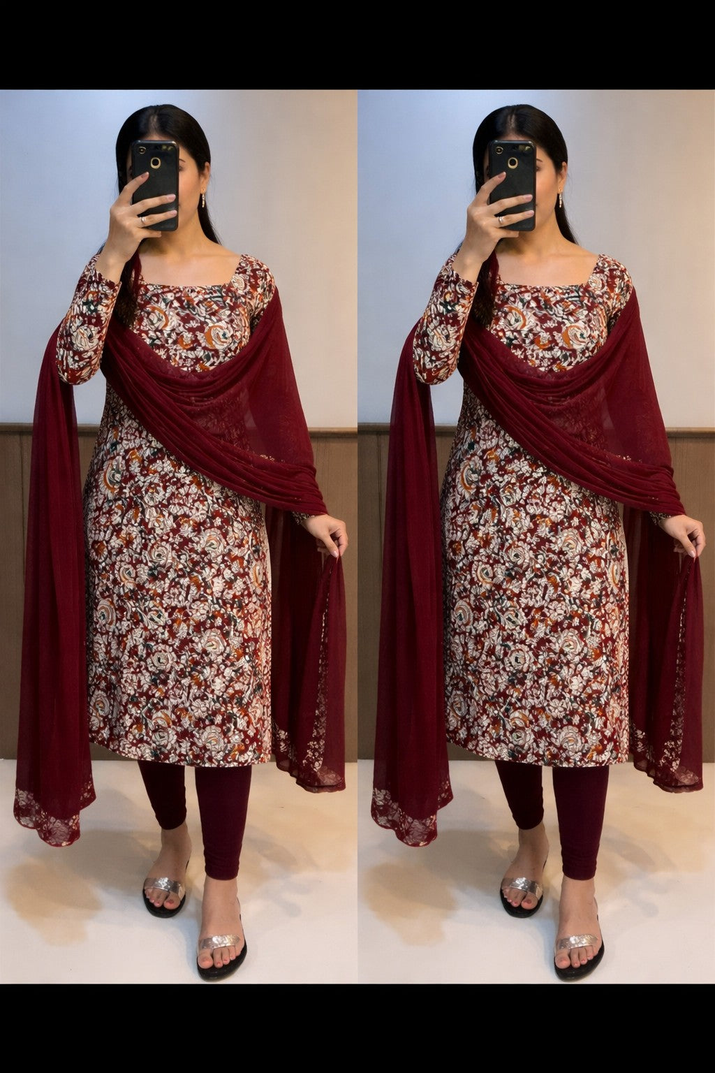 Classic Maroon kalamkri Cotton Kurti Set | Printed Ethnic Wear with Dupatta