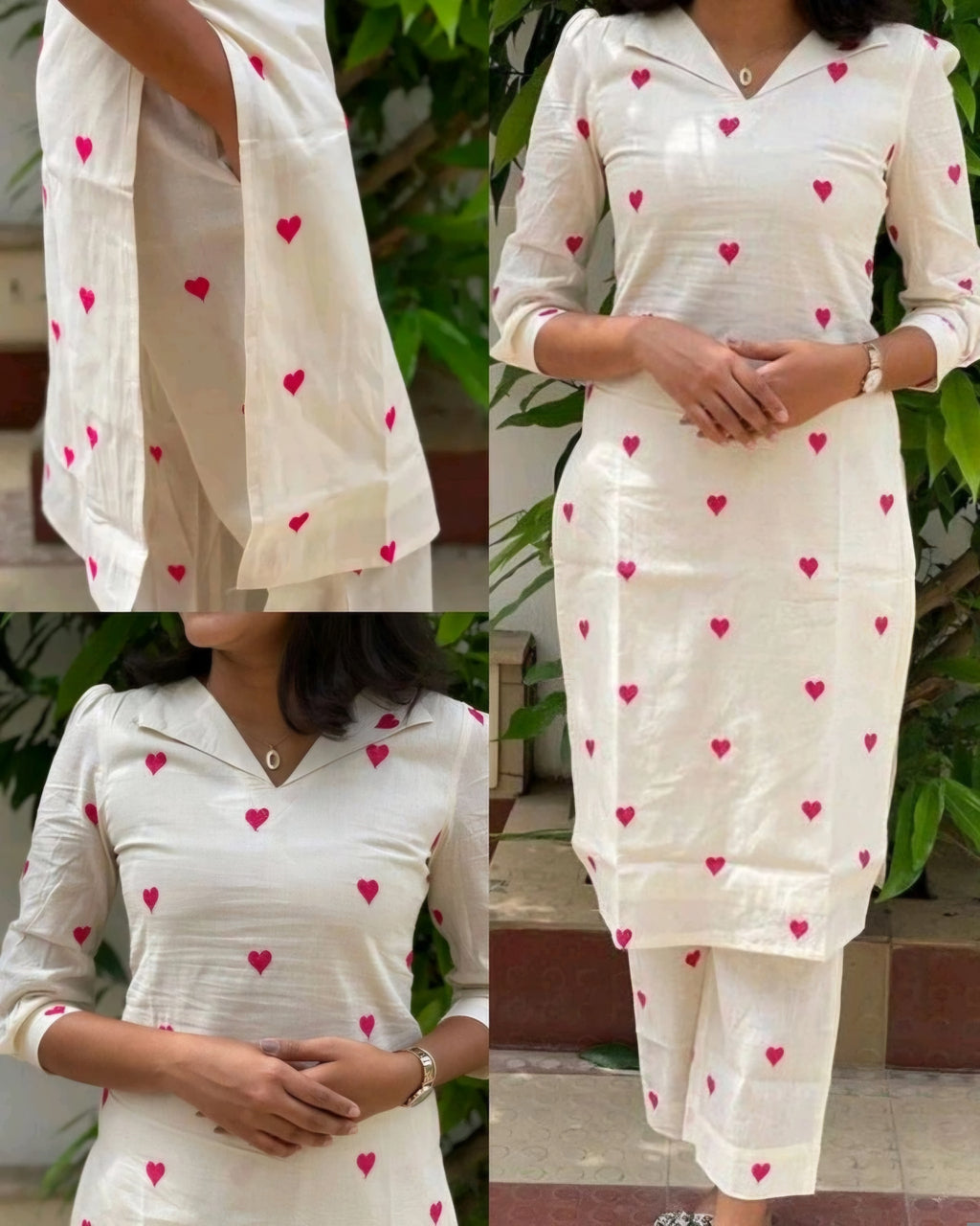 Kora Cotton Heart Print Kurti Set for Women - Straight Fit with Pants (Cream & Red)