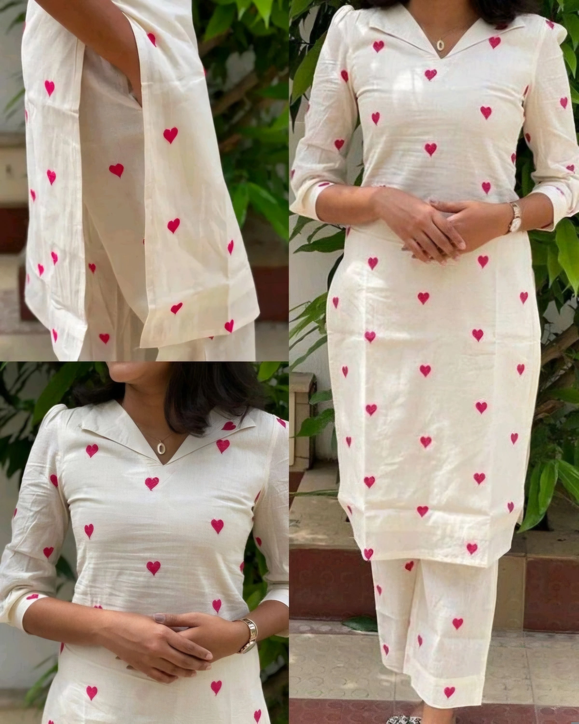 Kora Cotton Heart Print Kurti Set for Women - Straight Fit with Pants (Cream & Red)