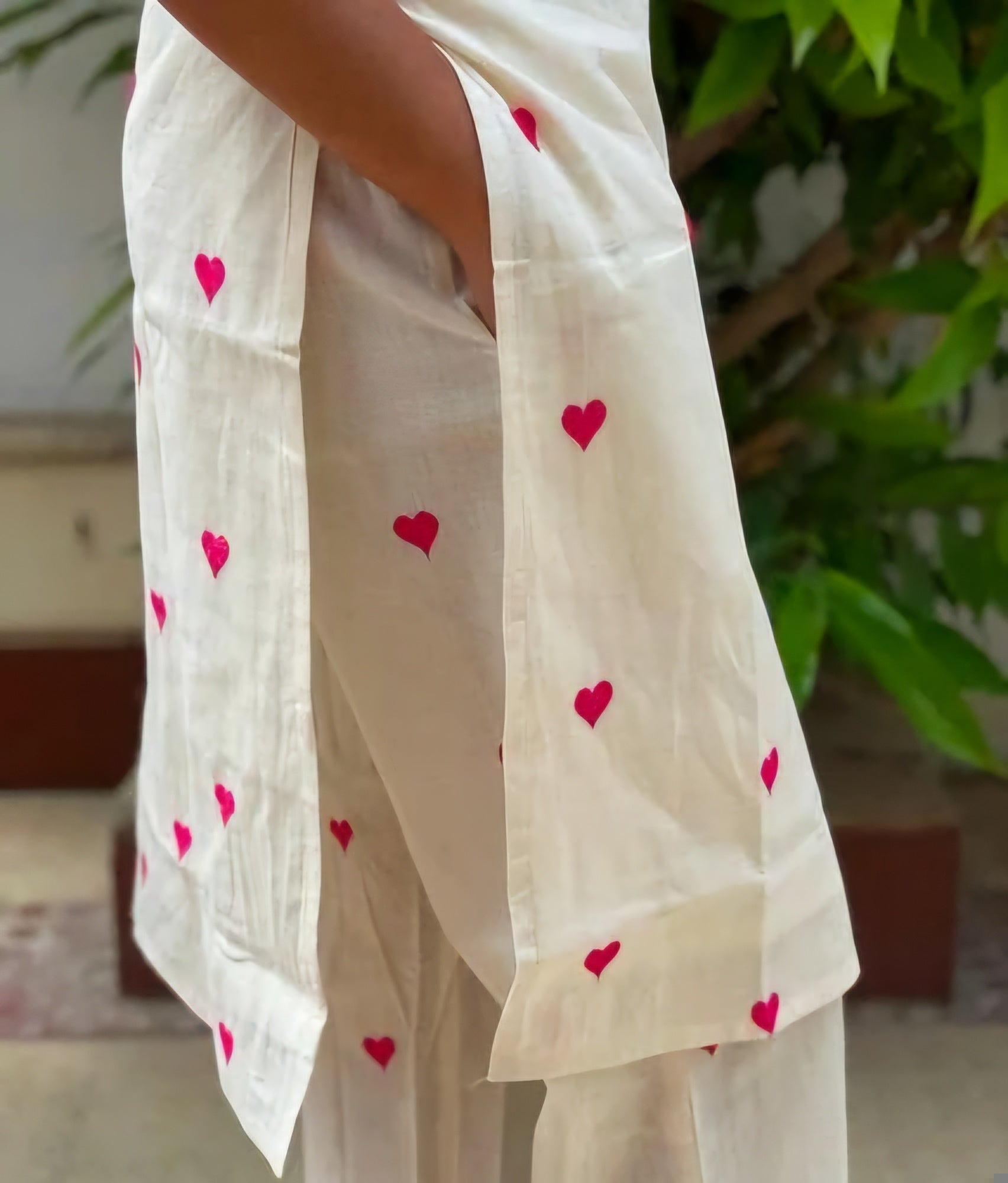 Kora Cotton Heart Print Kurti Set for Women - Straight Fit with Pants (Cream & Red)
