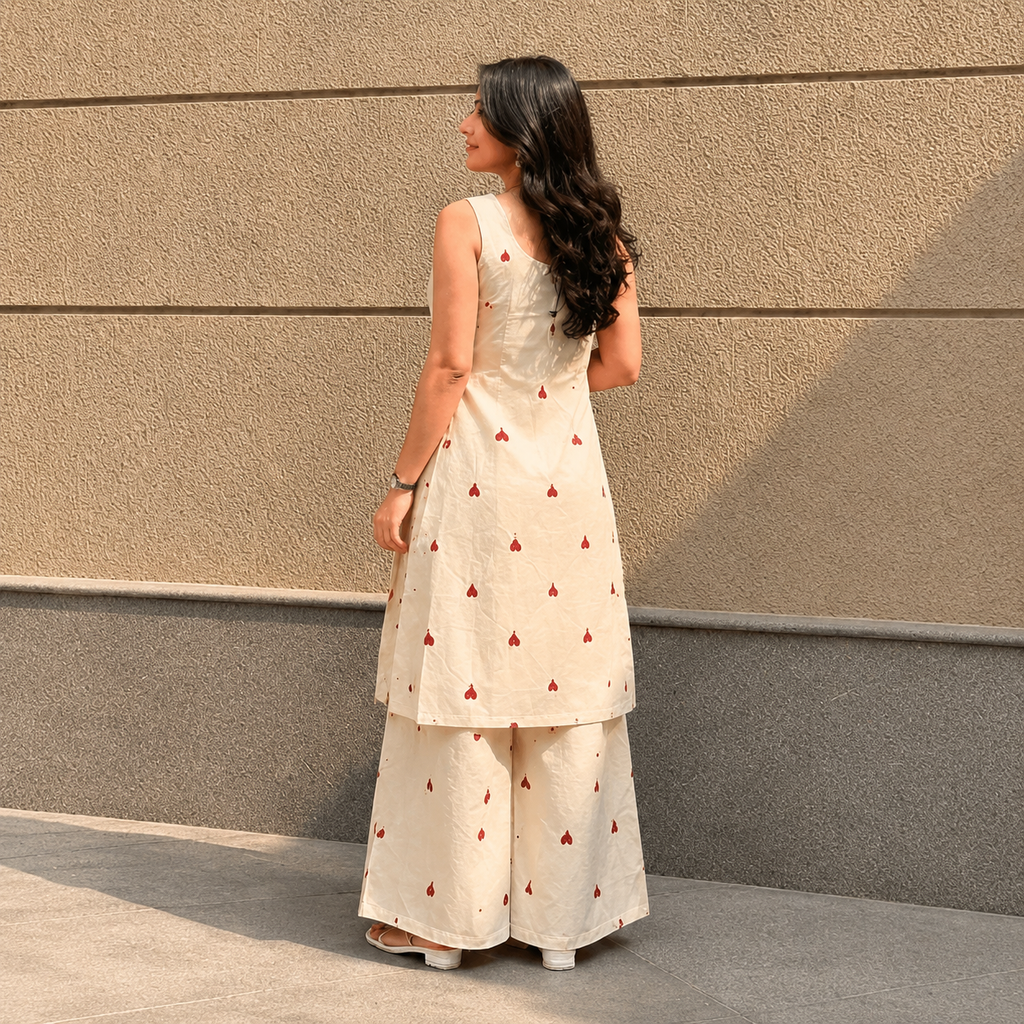 Pure Cotton Heart Print Co-Ord Kurta Set for Women | Sleeveless Kurti with Palazzo