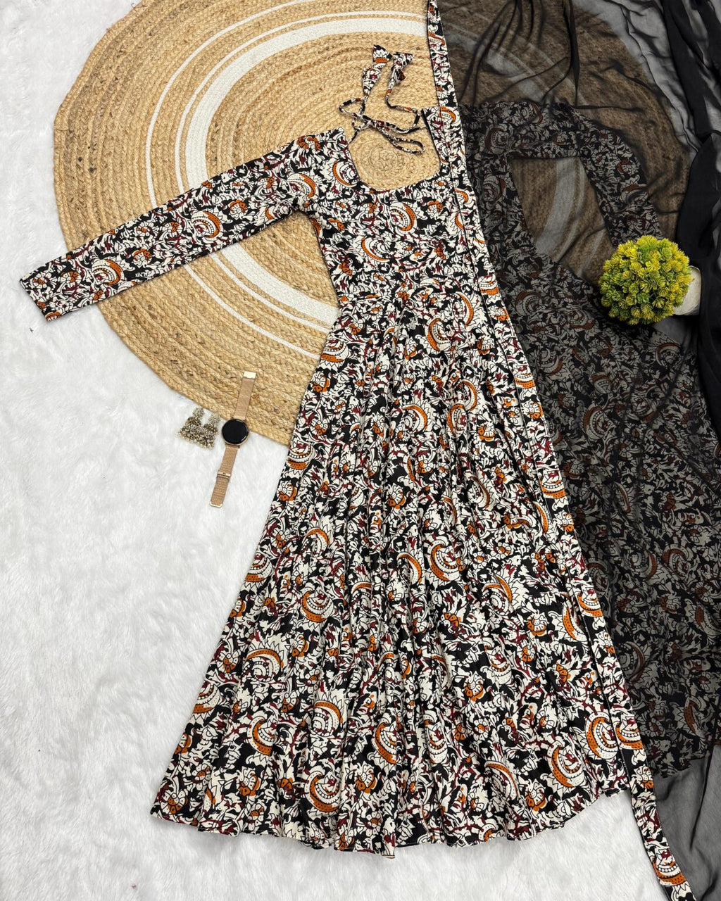 Black Kalamkari Anarkali Suit Set - Pure Cotton Kurti with Georgette Dupatta