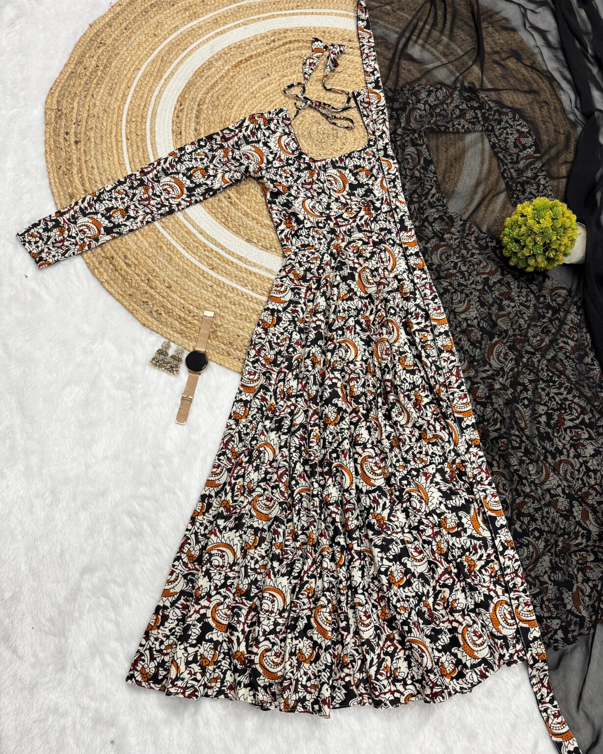 Black Kalamkari Anarkali Suit Set - Pure Cotton Kurti with Georgette Dupatta