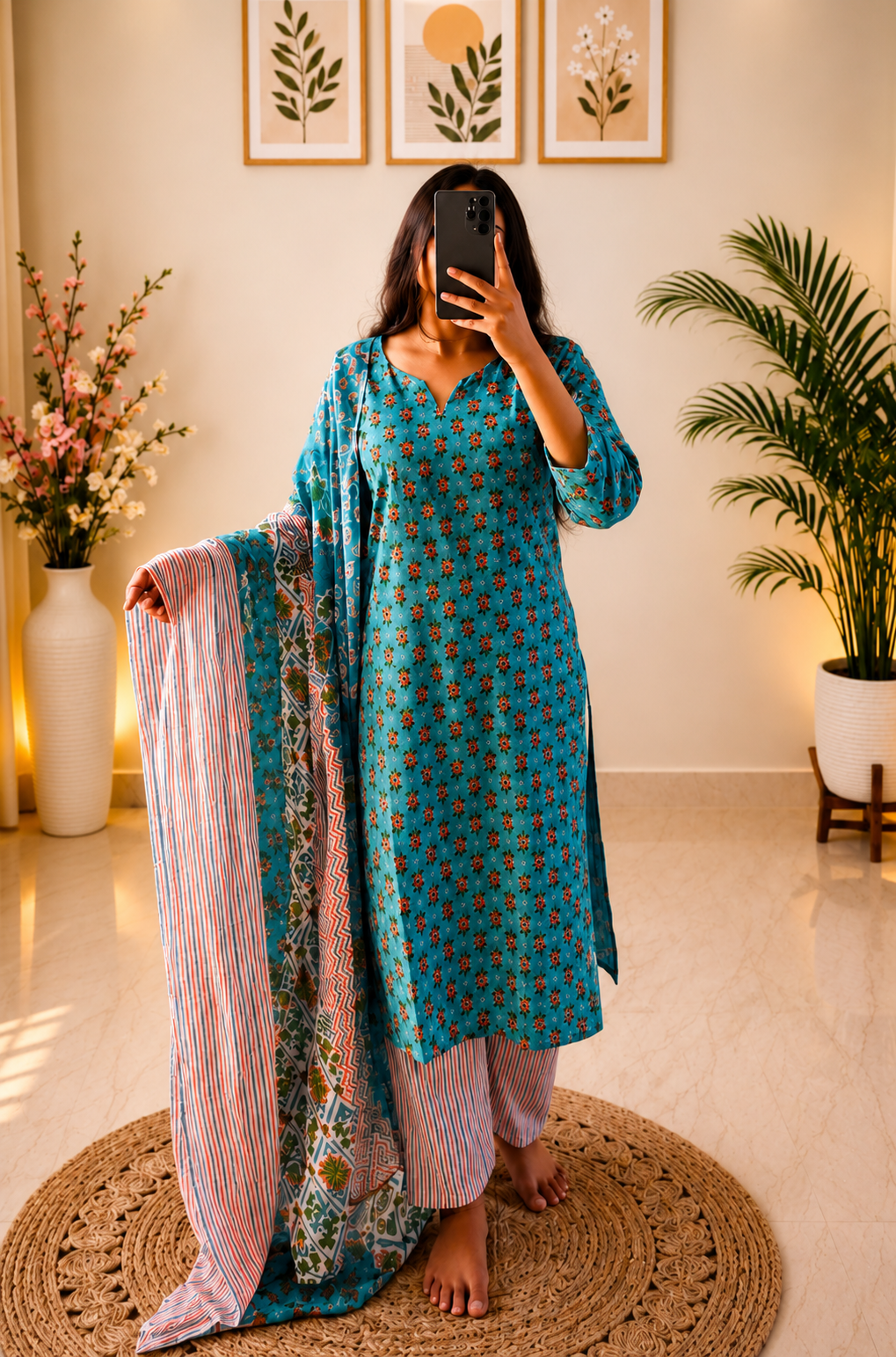 Sky Blue Floral Cotton Kurta Palazzo Set with Dupatta