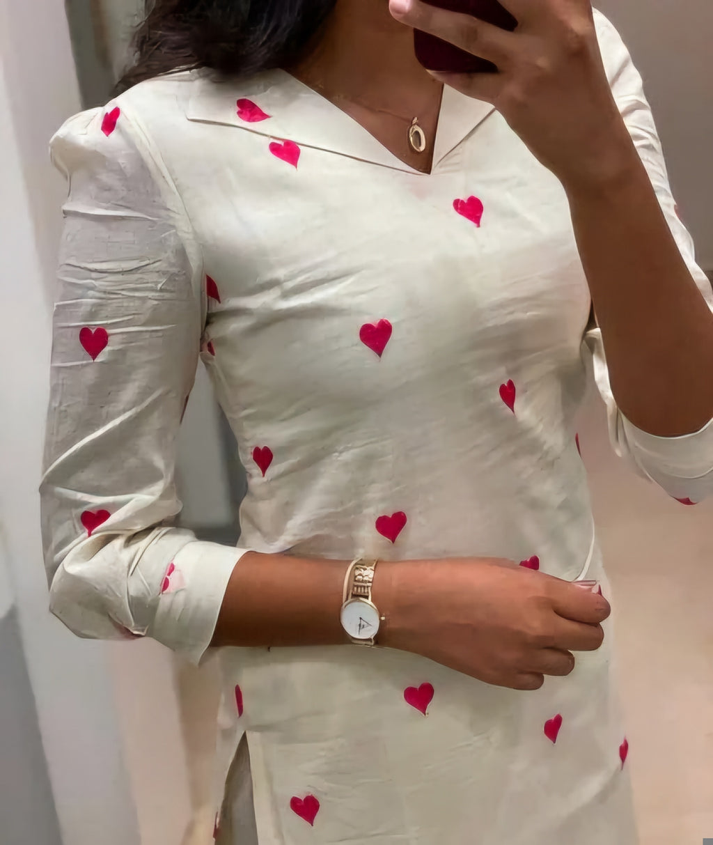 Kora Cotton Heart Print Kurti Set for Women - Straight Fit with Pants (Cream & Red)